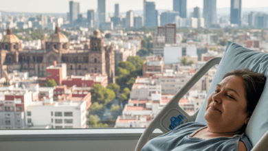 A fat patient rests comfortably in a hospital bed with a view of the Mexico City skyline after gastric sleeve in Mexico.