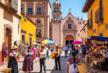 A lively street in a colonial Mexican town with colorful buildings, a mariachi band, and people Browse market stalls.