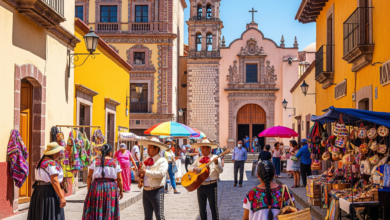 A lively street in a colonial Mexican town with colorful buildings, a mariachi band, and people Browse market stalls.