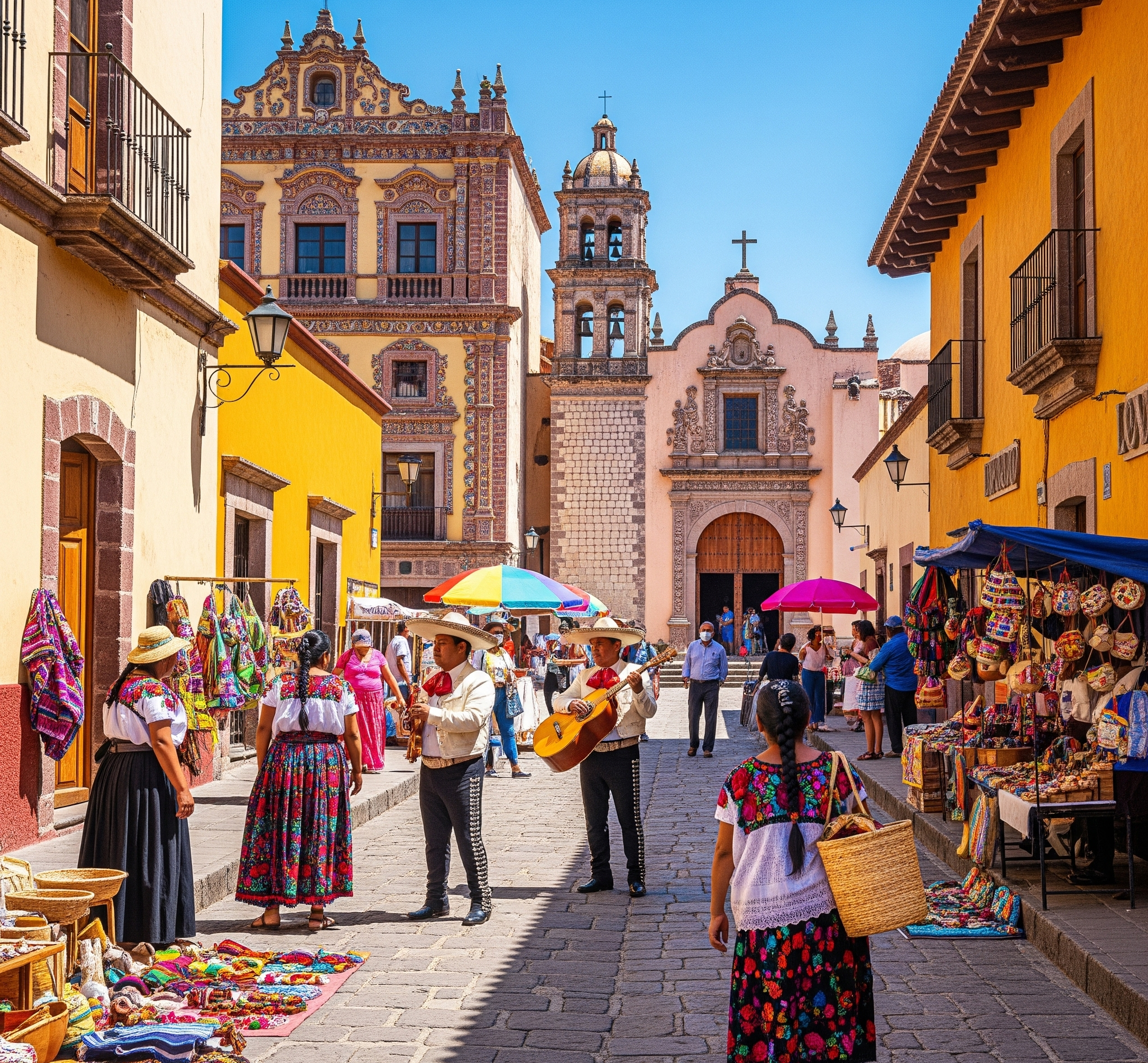 A lively street in a colonial Mexican town with colorful buildings, a mariachi band, and people Browse market stalls.