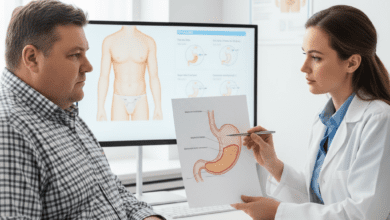 Tüp mide ameliyatı için doktorla konsültasyon yapan bir hasta. Doktor, ameliyatın nasıl yapıldığını gösteren bir görseli açıklıyor.