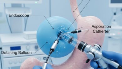 Endoscopic view of the Gastric Balloon Removal procedure showing deflation and retrieval of the collapsed balloon.