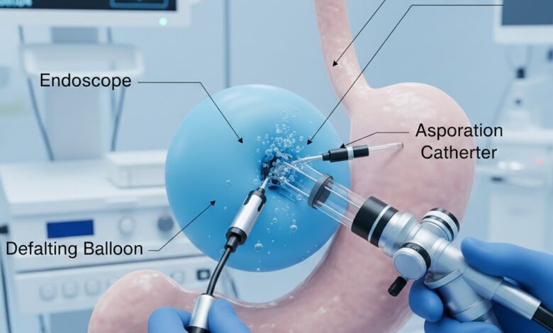 Endoscopic view of the Gastric Balloon Removal procedure showing deflation and retrieval of the collapsed balloon.