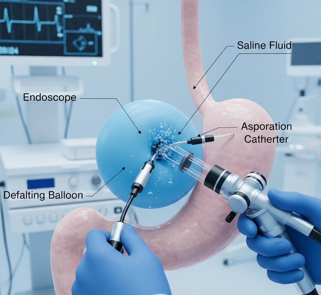 Endoscopic view of the Gastric Balloon Removal procedure showing deflation and retrieval of the collapsed balloon.