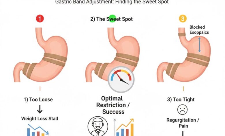 Infographic demonstrating the three states of gastric restriction: Too Loose, Too Tight, and the Optimal 'Sweet Spot' achieved through Gastric Band Adjustment.