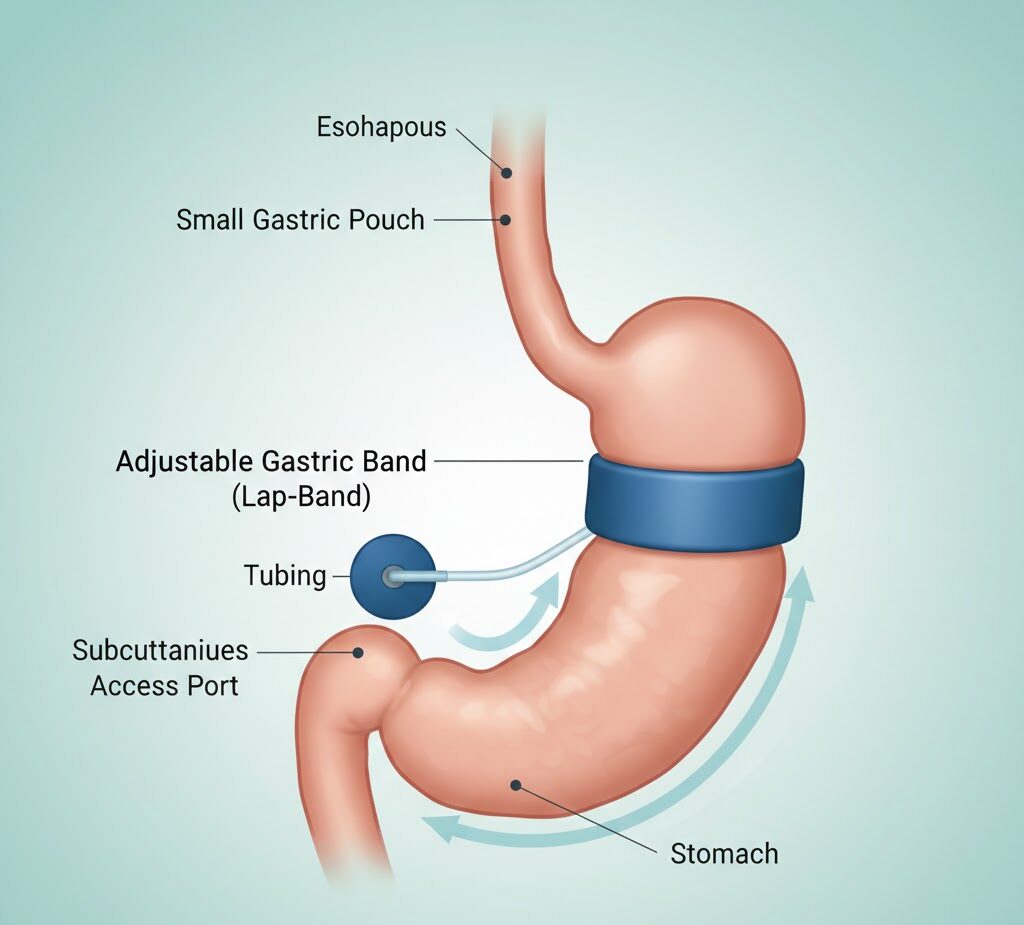 Medical illustration detailing the placement and function of an adjustable Gastric Band restricting the upper part of the stomach.