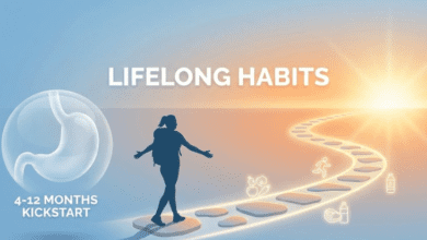 Conceptual image showing the transition from the gastric balloon lifespan to lifelong healthy habits and weight maintenance.