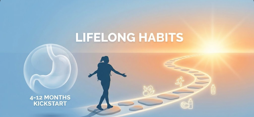 Conceptual image showing the transition from the gastric balloon lifespan to lifelong healthy habits and weight maintenance.