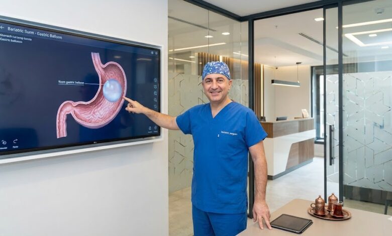 Experienced Turkish surgeon in a modern facility demonstrating the gastric balloon procedure.