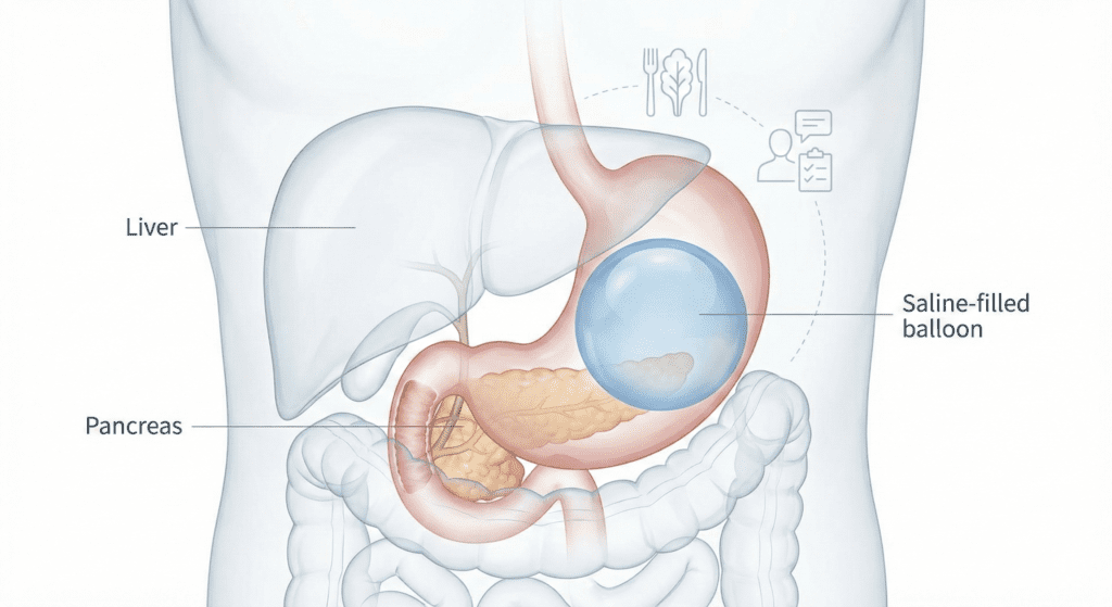 Anatomical diagram showing a saline-filled gastric balloon inside a human stomach, illustrating how the non-surgical device works to promote weight loss and satiety.