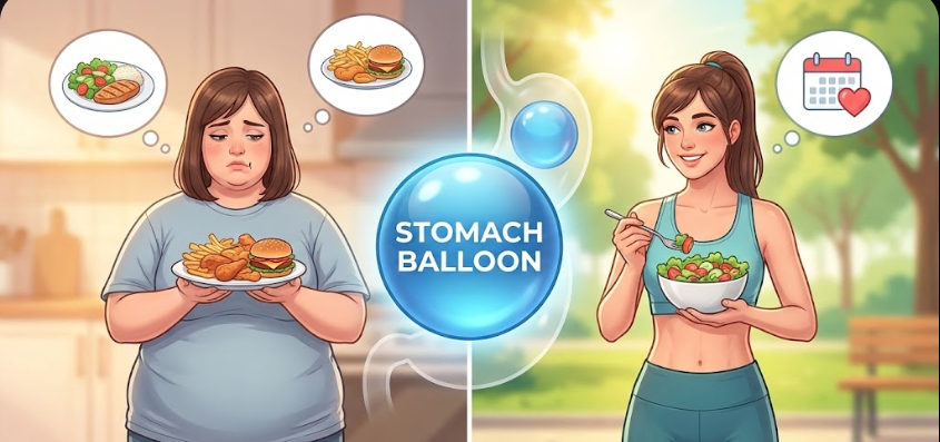 Conceptual visualization linking the financial investment of the stomach balloon cost with the successful outcome of a non-surgical weight loss journey and active lifestyle.