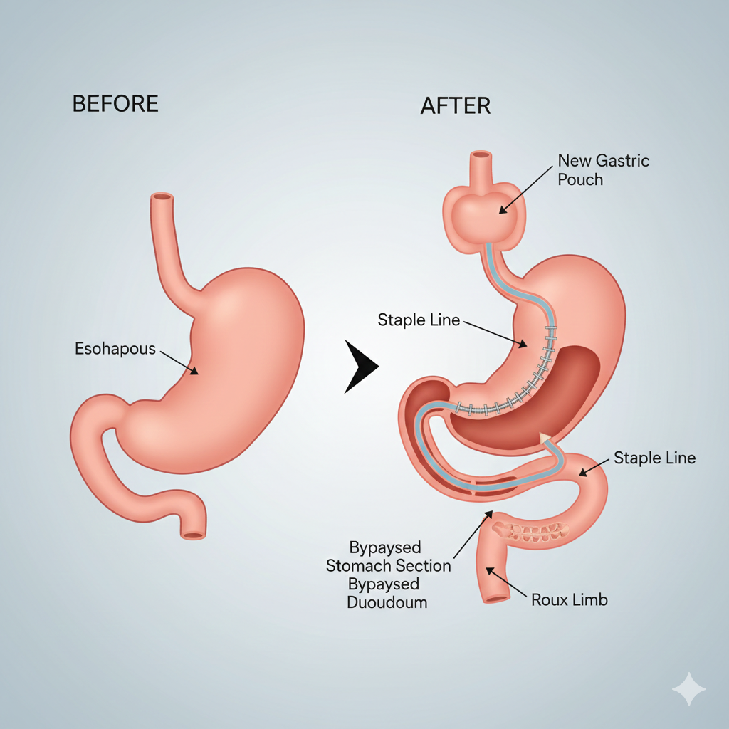 Medical diagram illustrating gastric sleeve surgery, showing the normal stomach next to the reduced, restrictive sleeve that remains after the procedure.