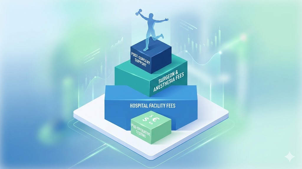 Visual diagram breaking down the true gastric sleeve cost into its four essential components: surgeon fees, facility charges, pre-op testing, and vital aftercare support.