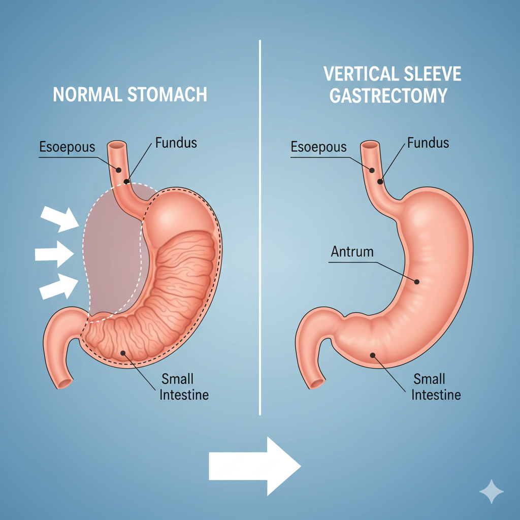 Medical diagram illustrating gastric sleeve surgery, showing the normal stomach next to the reduced, restrictive sleeve that remains after the procedure.
