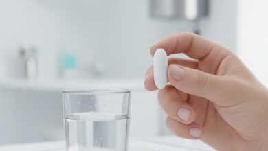 A swallowable gastric balloon capsule held in a hand next to a glass of water to illustrate the non-surgical weight loss process.