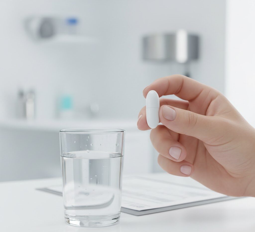 A swallowable gastric balloon capsule held in a hand next to a glass of water to illustrate the non-surgical weight loss process.