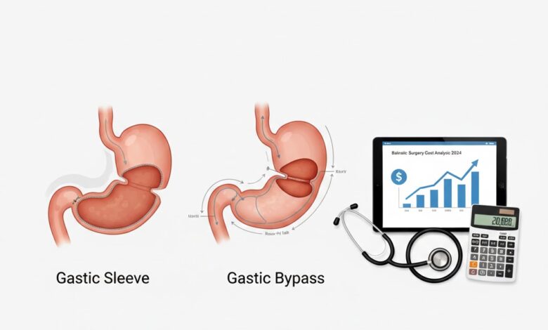 An illustration comparing gastric sleeve and gastric bypass surgeries next to a calculator and stethoscope for cost comparison.