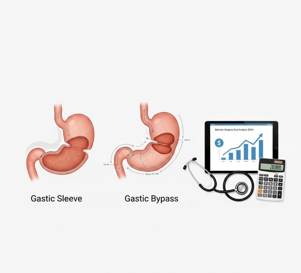 An illustration comparing gastric sleeve and gastric bypass surgeries next to a calculator and stethoscope for cost comparison.